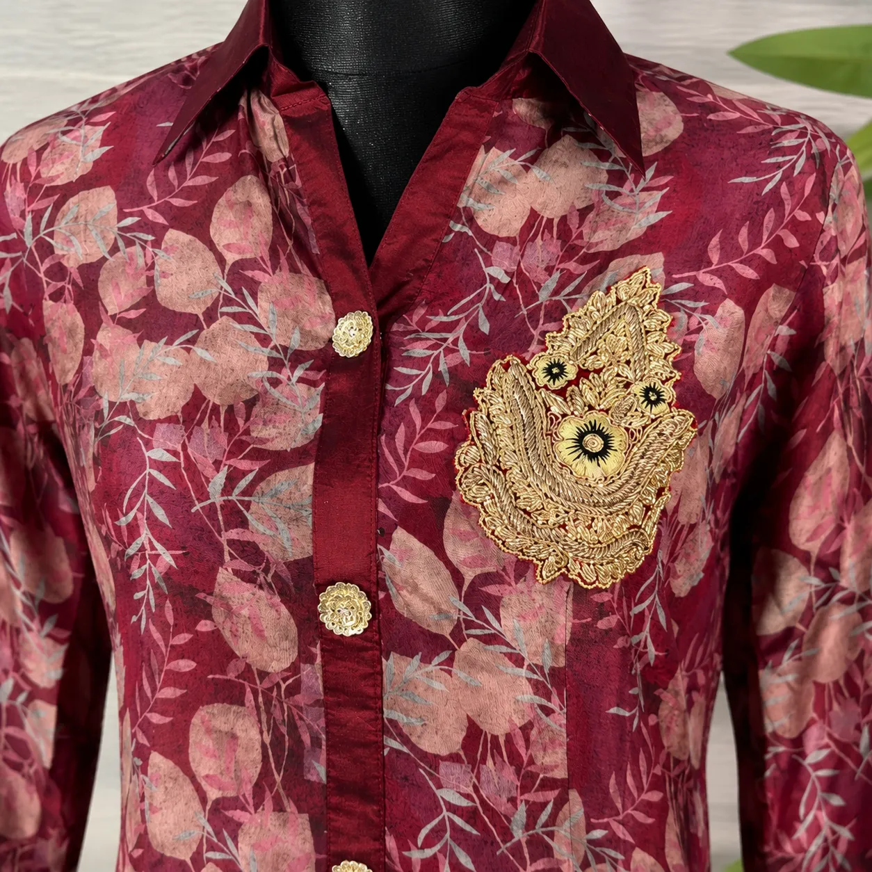 Women's Maroon Floral Lace Button-Down Long Shirt with Golden Patch